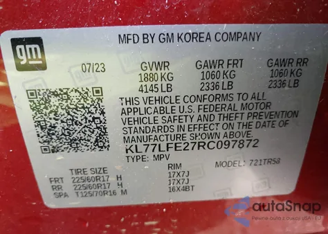 2024 Chevrolet Trax Fwd Sp from USA, damaged, VIN KL77LFE27RC097872